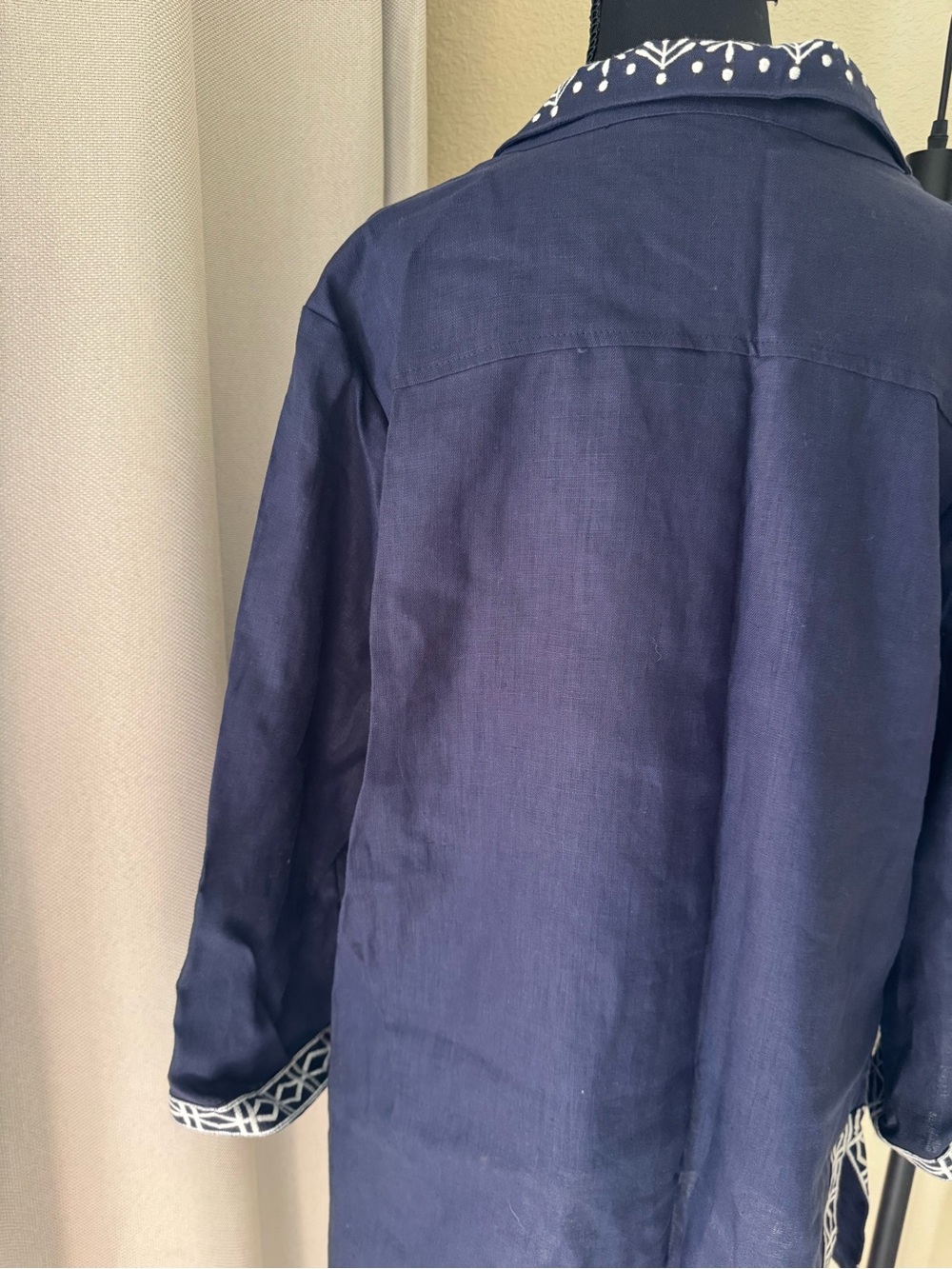 NM Neiman Marcus 100% Linen Navy Embroidered Tunic Dress XL Boho Coastal - Picture 8 of 8
